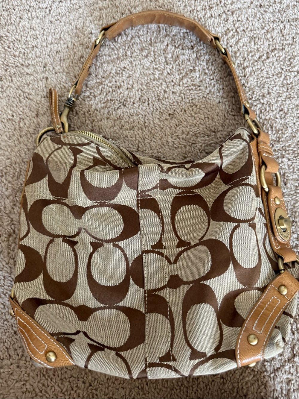 Coach Brown Signature Canvas Hobo with Tan Leather Trim